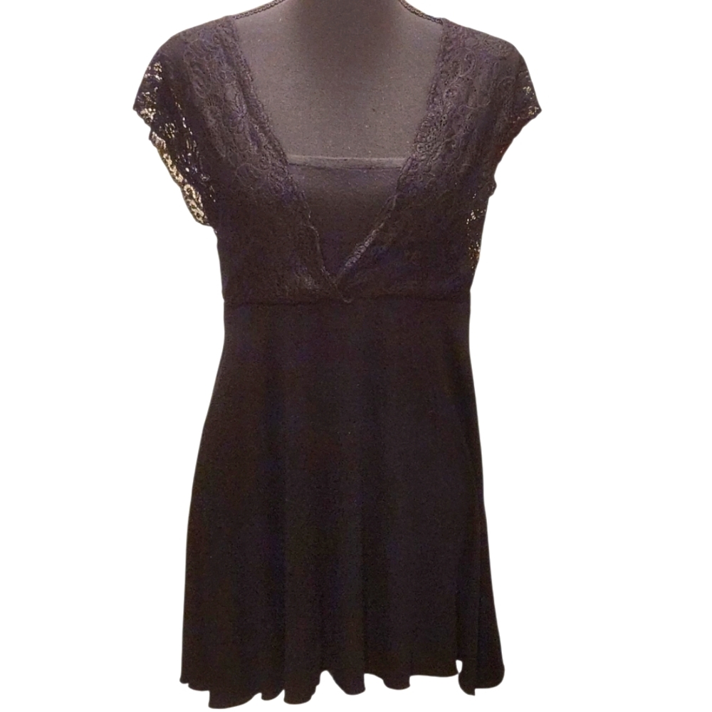 Ann Ferriday Vintage Sheer Black Lace Babydoll Top With Satin Cream Tie